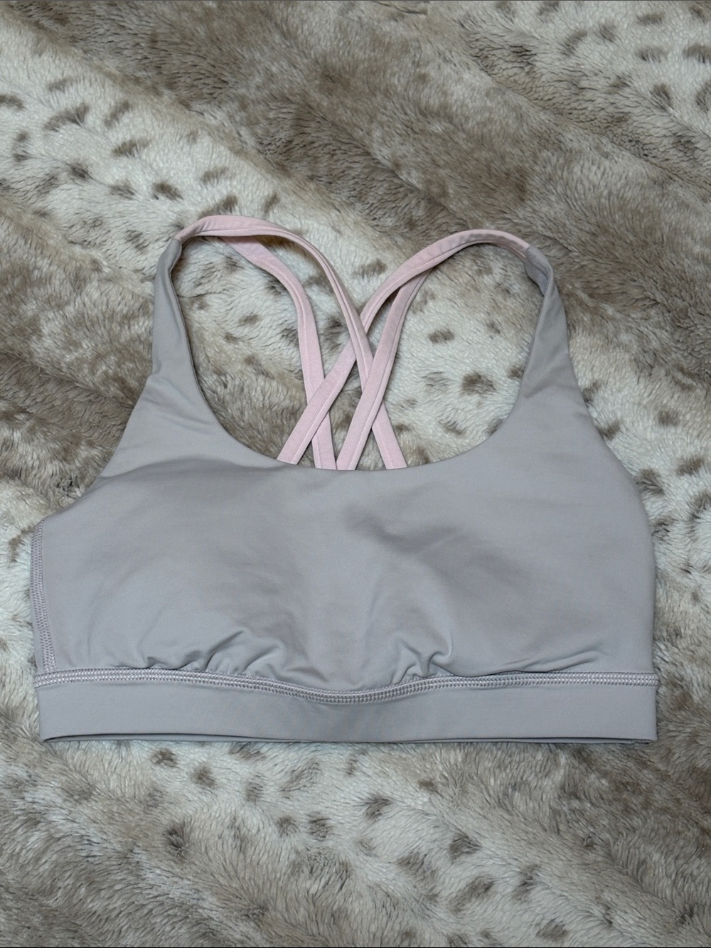 lululemon Energy Bra in Light Gray with Pale Pink Strappy Back, Size 4